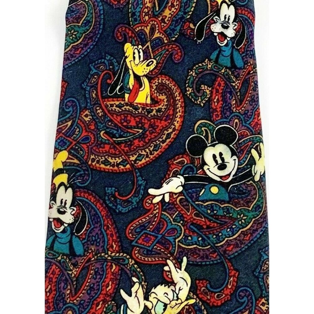 Disney Store Men's Novelty Necktie, Mickey Donald Goofy & Pluto. Paisley. Silk.